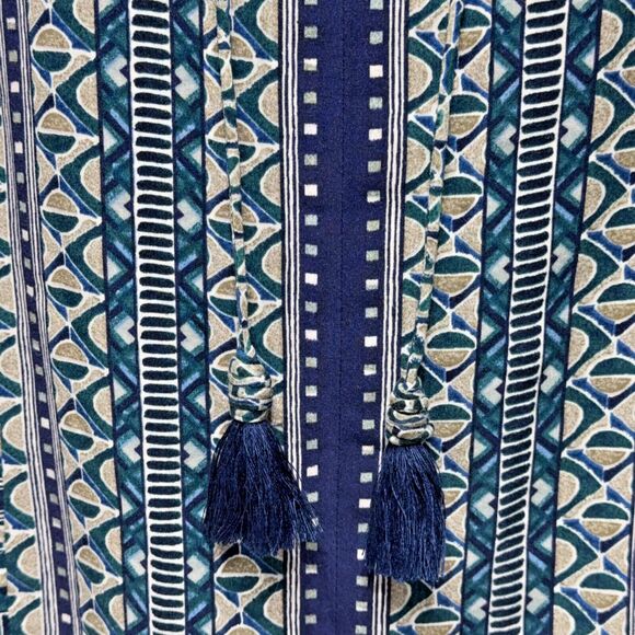 NWT Tommy Bahama Oversize Rayon Blue Green Geometric Tassel Blouse Women Size XS - Picture 2 of 13